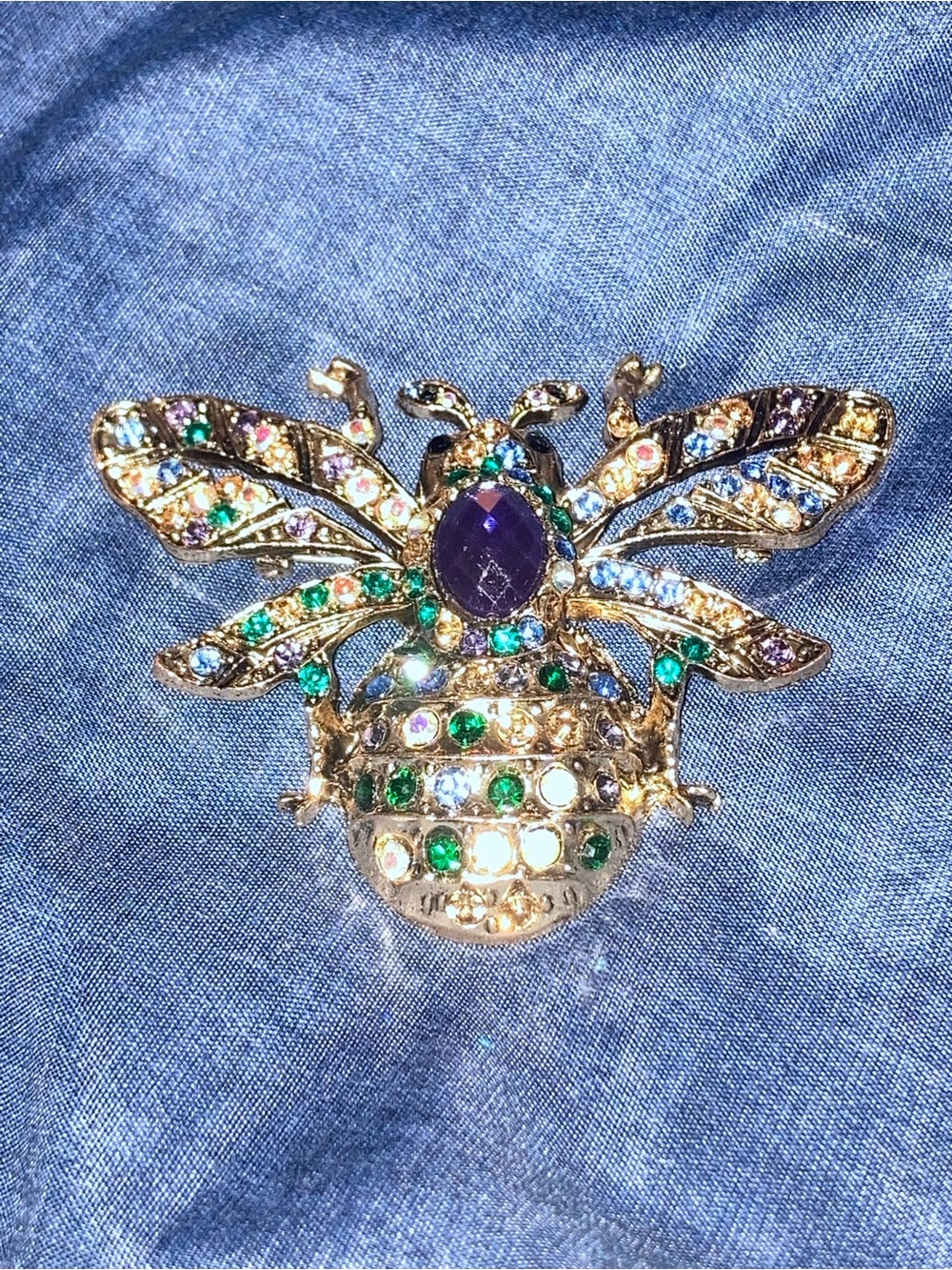 Gold Bee Brooch with Purple and Green Crystals